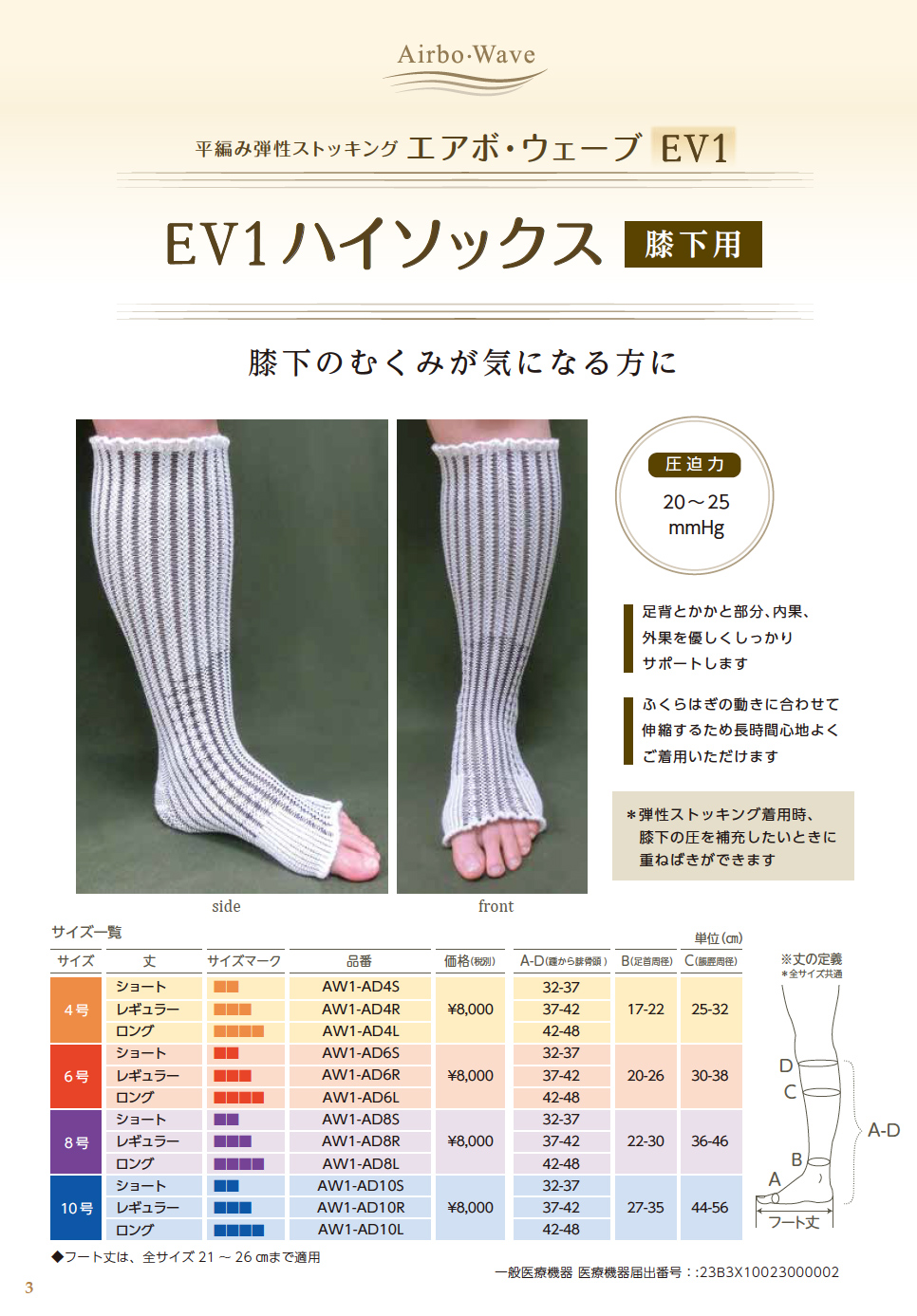 平編み弾性ストッキング「エアボ・ウェーブEV1」（膝下用・脚用・大腿 